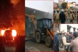 A collage of visuals during the communal violence during the demolition of religious structures in Banbhoolpura area of Haldwani in Uttarakhand