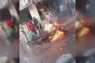 A bike caught fire as its petrol tank exploded in Hyderabad