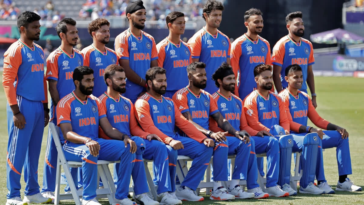 Players of team India pose for a group photograph before the start of the ICC Men's T20 World Cup cricket match between United States and India at the Nassau County International Cricket Stadium in Westbury, New York, Wednesday, June 12, 2024.