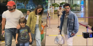 Kareena Kapoor and Saif Ali Khan with sons; filmmaker Karan Johar at Mumbai airport