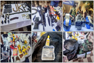 A cache of arms and ammunition including US-made M4 rifles and steel-piercing bullets recovered from two terrorists killed during a gunfight at Hiranagar village in Kathua on Wednesday.