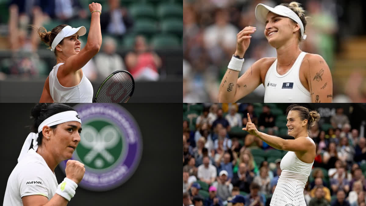 Wimbledon 2023  Wimbledon  Wimbledon 2023 Semi finals  Womens Singles  Elina Svitolina  Markéta Vondroušová  Novak Djokovic  Carlos Alcaraz  വിംബിള്‍ഡണ്‍  വിംബിള്‍ഡണ്‍ സെമി ഫൈനല്‍  വനിത സിംഗിള്‍സ്  പുരുഷ സിംഗിള്‍സ്  എലീന സ്വിറ്റോലിന  അരിന സബലെങ്ക  നൊവാക് ജോക്കോവിച്ച്