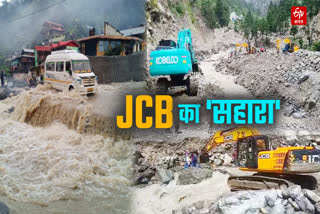 People crossing river on JCB in Uttarkashi