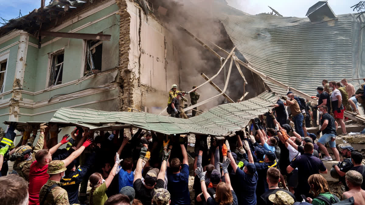 Emergency services work at the site of Okhmatdyt children’s hospital hit by Russian missiles, in Kyiv, Ukraine, Monday, July 8, 2024.