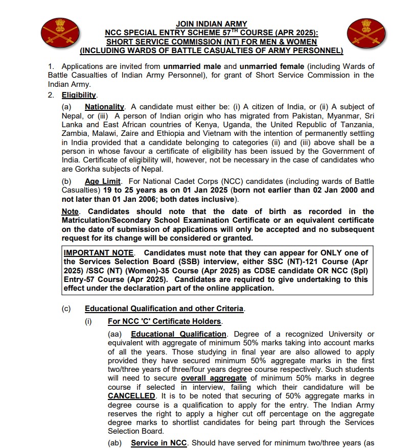 NCC Special Entry Scheme 57th Course in Indian Army