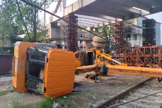 Crane fell on railway overbridge