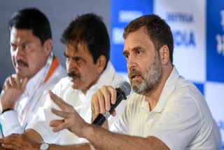 Congress leader Rahul Gandhi (R) addresses a press conference with Maharashtra party chief Nana Patole and party General Secretary in-charge (Organisation) KC Venugopal, in Mumbai