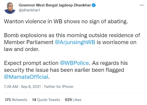 Governor Jagdeep Dhankhar's tweet