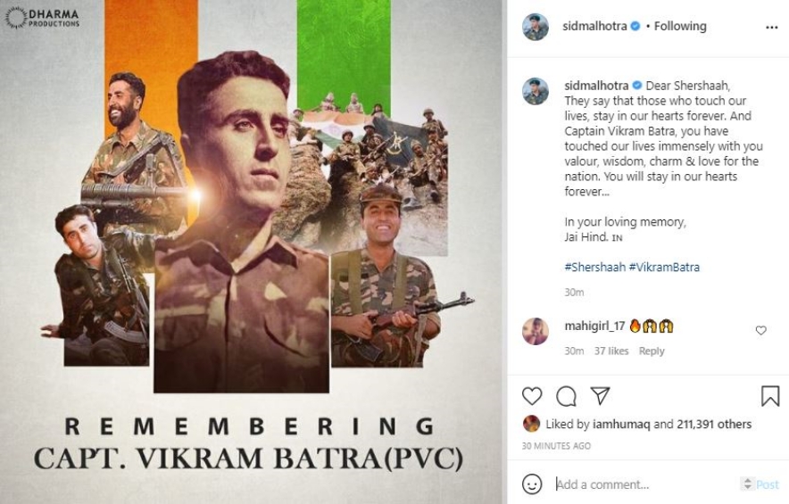 Sidharth Malhotra pays tribute to Captain Vikram Batra