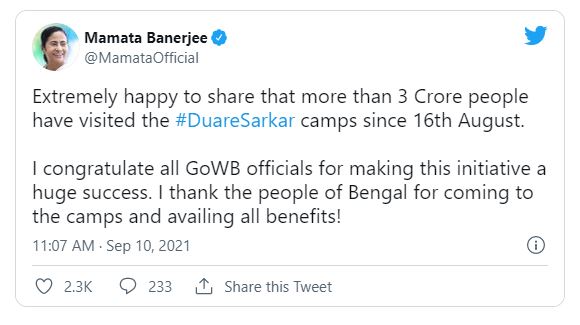 mamata banerjee tweeted that 3 crore people attend duare sarkar camp