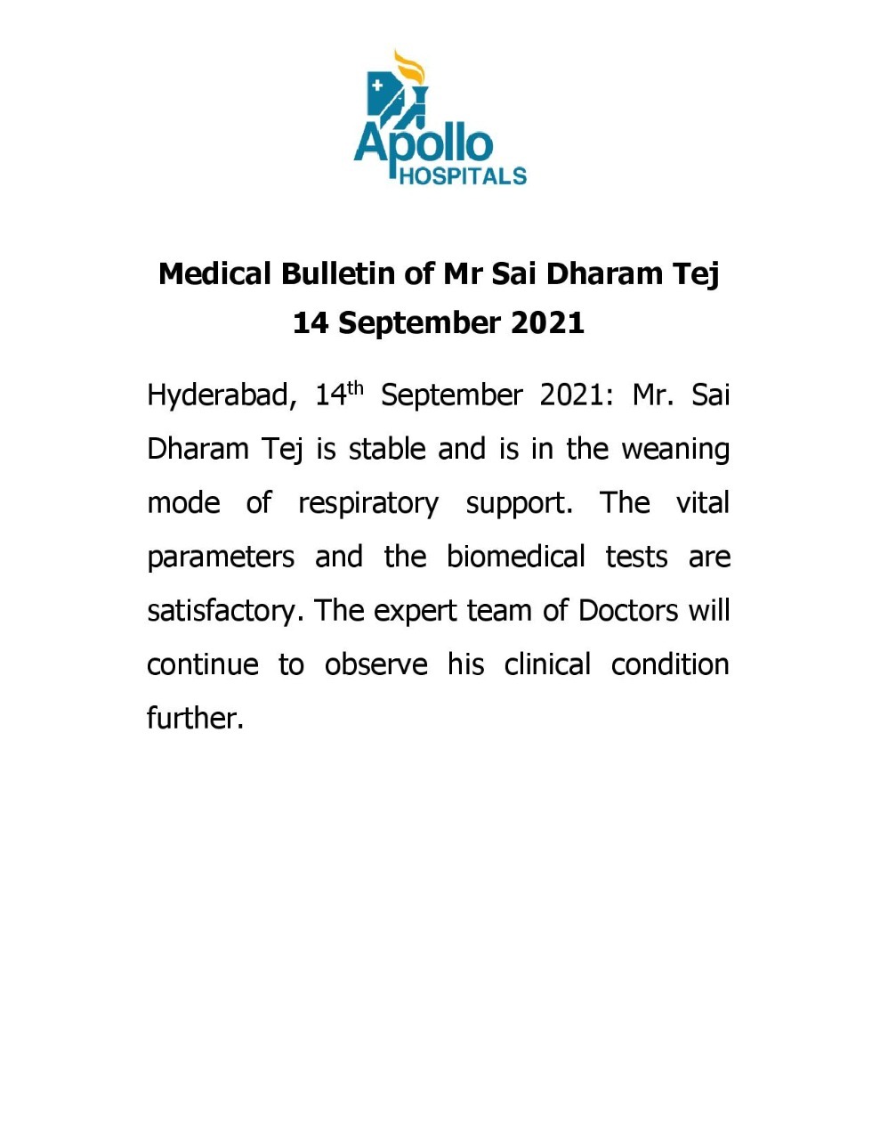 sai dharam tej health bulletin