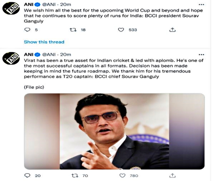 Sourav Ganguly thanks Virat Kohli