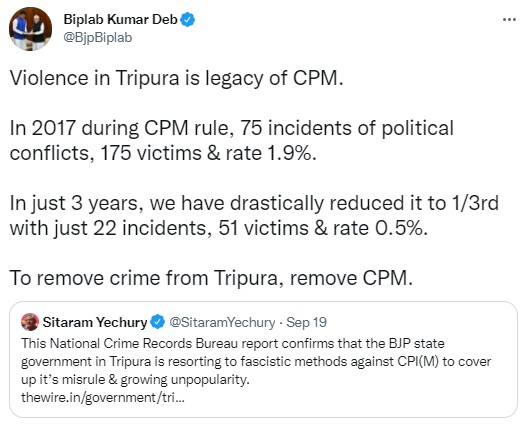 Tweet by Tripura CM Biplab Kumar Deb