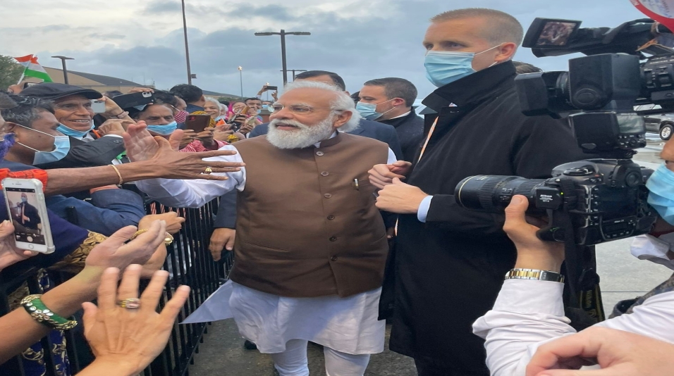 Prime Minister Narendra Modi meets people who were waiting to welcome him at Joint Base Andrews in Washington DC