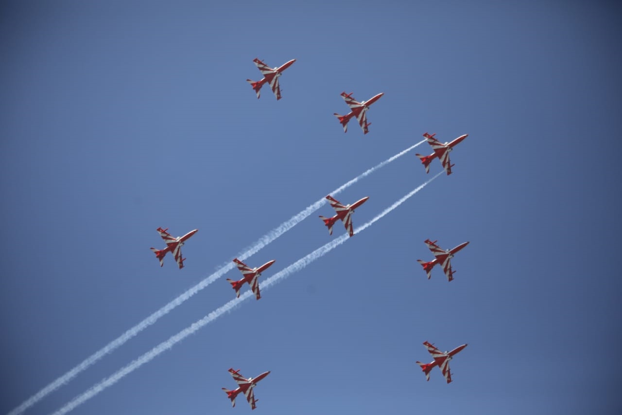 Surya Kiran Acrobatic team displaying their formation during Srinagar Air Show