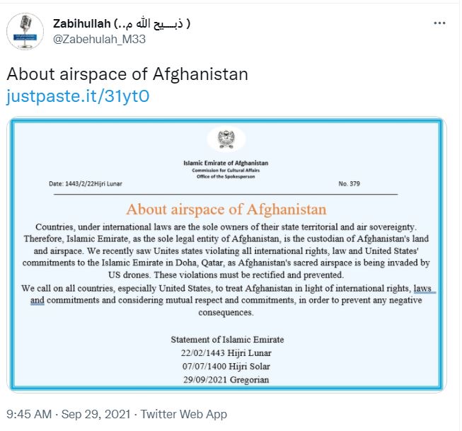 Zabihullah Mujahid's tweet