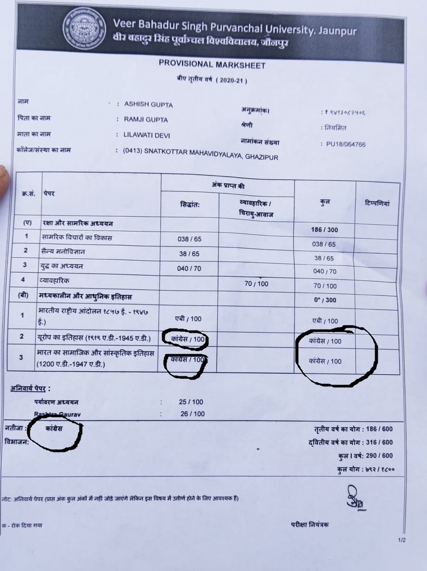 पूर्वांचल विश्वविद्यालय ने स्नातक अंतिम वर्ष का परीक्षा परिणाम किया घोषित, रिजल्ट पर लिखकर आ रहा कांग्रेस का नाम