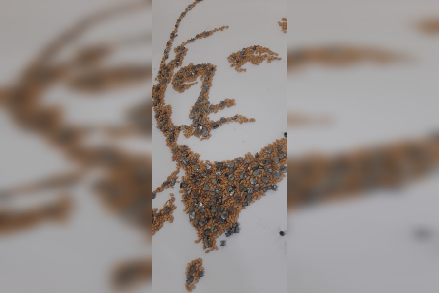 Portrait from shrapnel of wheat and bullets