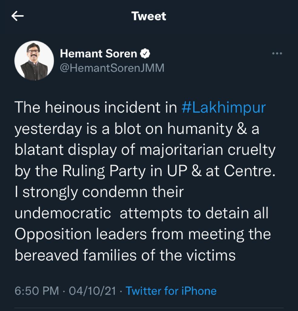 CM Hemant Soren tweet on Lakhimpur Kheri incident