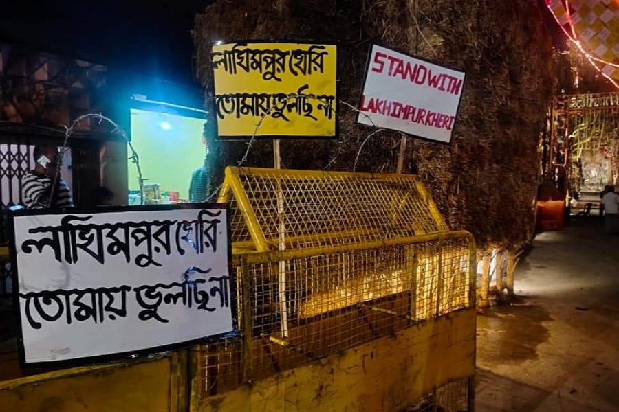 Community Puja in Kolkata s northern outskirts depicts Lakhimpur tragedy