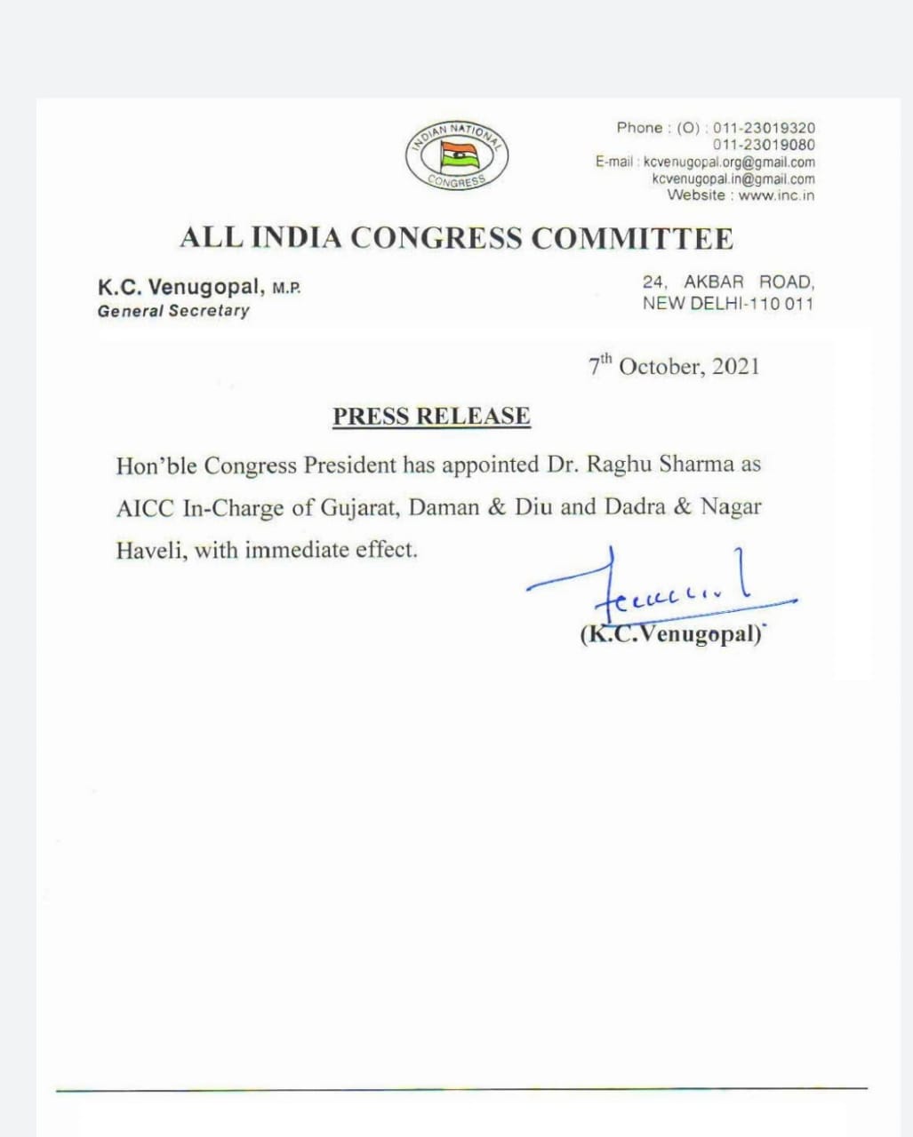 New in-charge of Gujarat Congress appointed