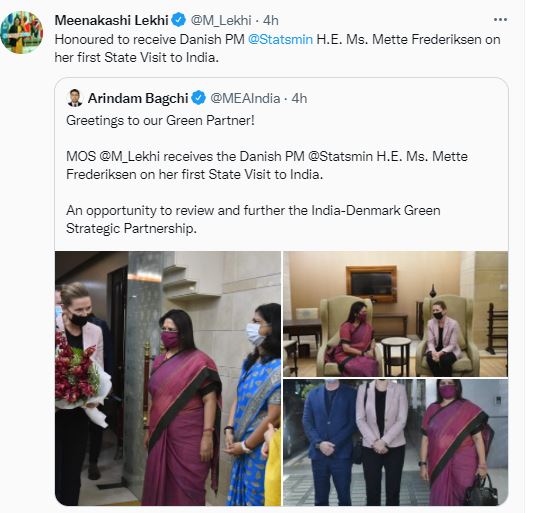 MoS MEA Meenakashi Lekhi receives Denmark PM Mette Frederiksen at Delhi airport