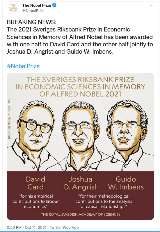 तीन लोगों को मिला अर्थशास्त्र के लिए 2021 का नोबेल पुरस्कार