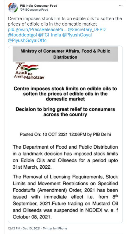 Restrictions on storage of edible oil by central government