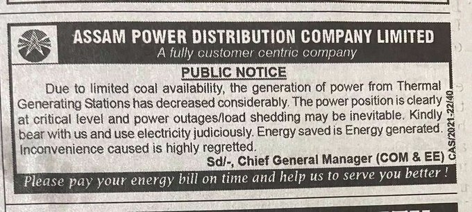 apdcl releases notice on load shedding during puja