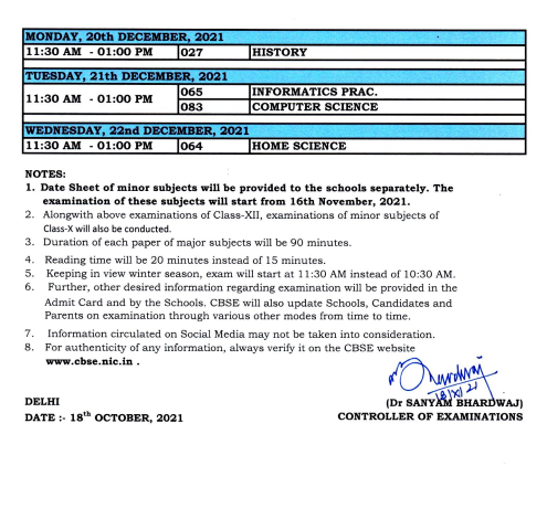 Cbse Date Sheet 2021