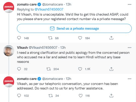 Zomato customer care HINDI ISSUE, zomato hindi imposition issue, hindi, zomato