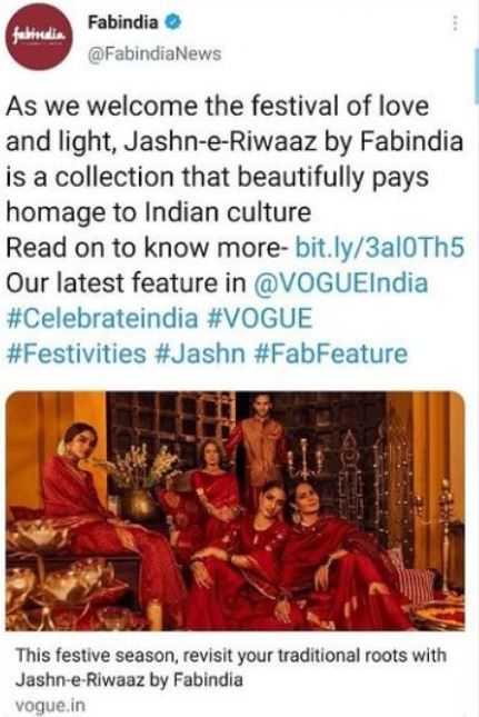 ଦୀପାବଳିକୁ ଜସନ-ଏ-ରିୱାଜ କହି ହଟହଟା Fabindia, ଟ୍ବିଟରୁ ହଟାଇଲା ବିଜ୍ଞାପନ