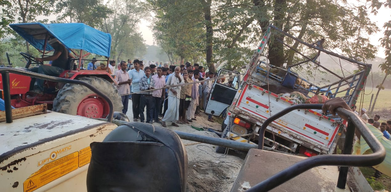 सब्जी लदी मिनी ट्रक पेड़ से टकराई