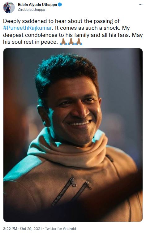 cricketers condolences, sports personalities expressed, actor puneeth rajkumar, புனீத் ராஜ்குமார், புனித் ராஜ்குமார், விளையாட்டு வீரர்கள் இரங்கல், இரங்கல், ட்விட்டர் இரங்கல், anil kumble puneeth, venkatesh prasad puneeth, sehwag tweet puneeth rajkumar, robin uthappa tweet puneeth rajkumar, csk tweet puneeth rajkumar