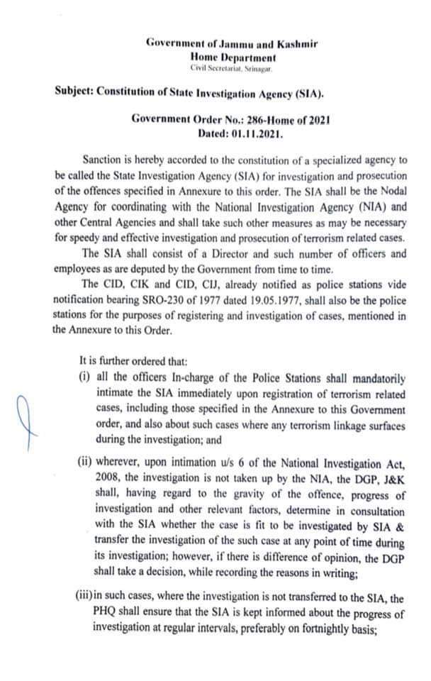 For speedy investigation of militancy-related cases, JK govt forms SIA