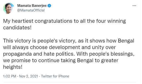 mamata congratulates all winging trinamool congress candidate