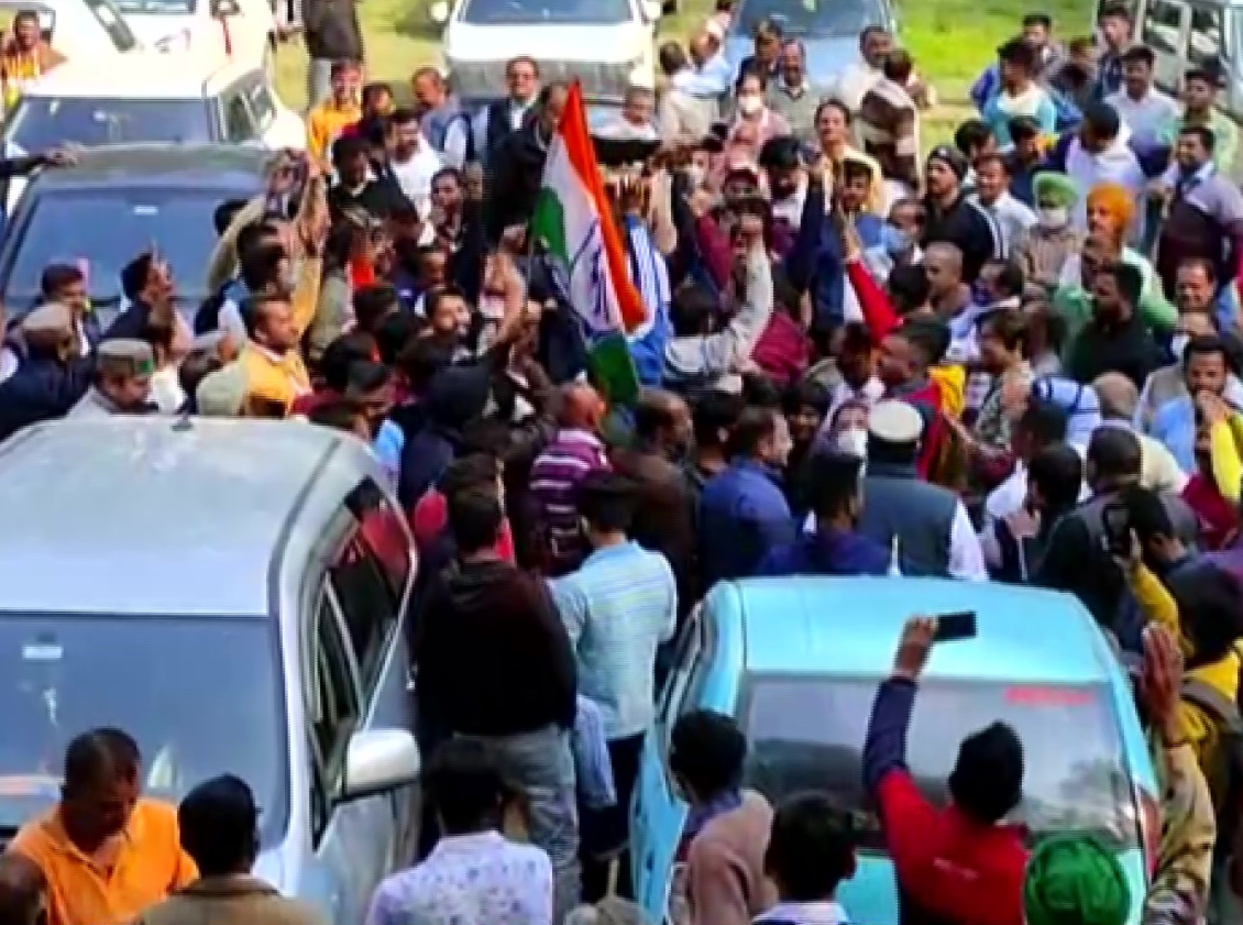 Congress workers celebrate in Kangra as party candidates wins all seats