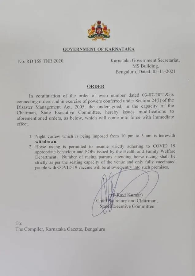 Karnataka Govt withdrawn Night curfew across the state  karnataka govt withdrawn night curfew across the state  karnataka withdrawn night curfew  withdrawn night curfew  night curfew  karnataka night curfew\  രാത്രികാല കർഫ്യൂ പിൻവലിച്ച് കർണാടക  കർണാടക രാത്രികാല കർഫ്യൂ പിൻവലിച്ചു  രാത്രികാല കർഫ്യൂ പിൻവലിച്ച് കർണാടക സർക്കാർ  കർണാടക സർക്കാർ  കുതിരപ്പന്തയത്തിനും അനുമതി  കർണാടകയിൽ കുതിരപ്പന്തയത്തിന് അനുമതി  കുതിരപ്പന്തയം  horce racing