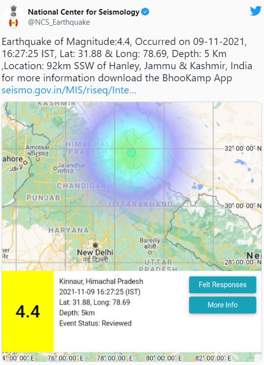 ହିମାଚଳ ପ୍ରଦେଶରେ 4.4 ତ୍ରୀବତାର ଭୁକମ୍ପ, କ୍ଷୟକ୍ଷତିର ନାହିଁ ସୂଚନା