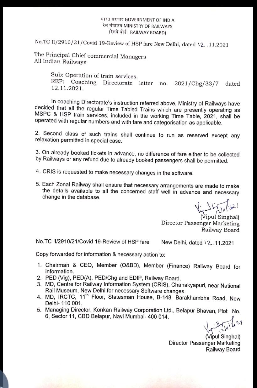 Railways has issued orders to restore railway services as before the covid