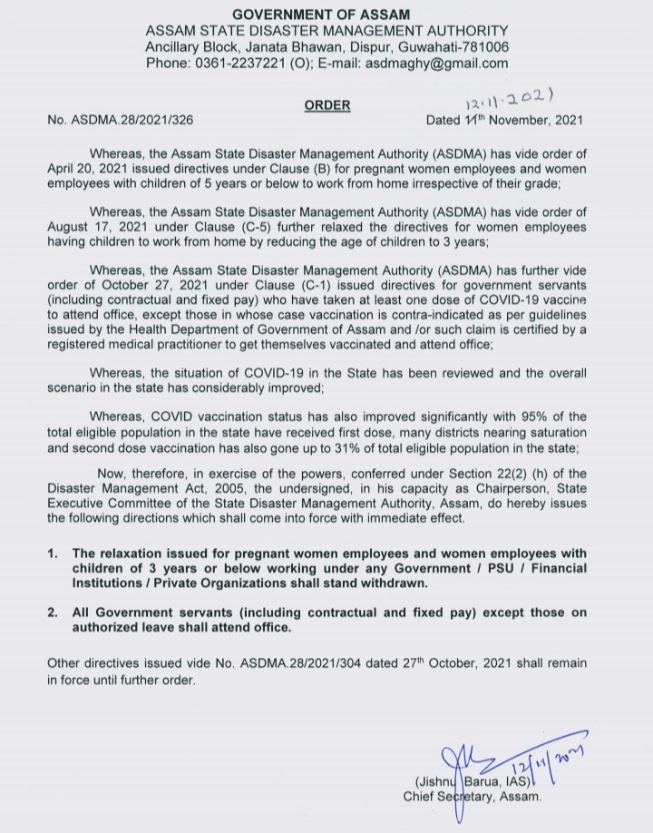 Women employees who are pregnant and have children under the age of three should go to the office accroding to new Sop of assam