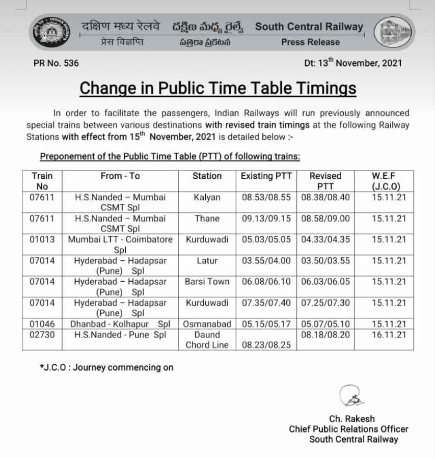 Change in Public Time Table Timings of Special Trains from 15th November 2021