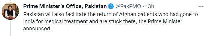 پاکستان کے وزیر اعظم کے دفتر کا  ٹویٹ