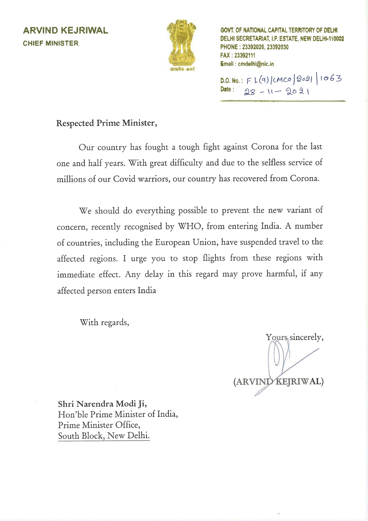 Arvind Kejriwal letter to PM Modi etv bharat