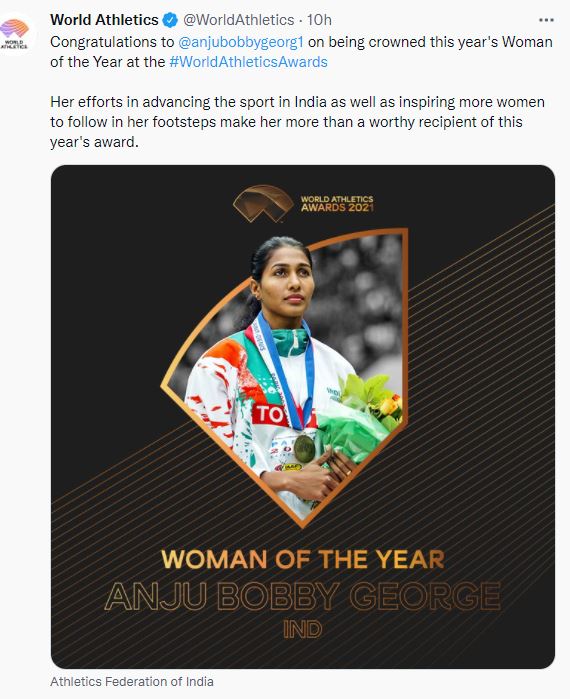 World Athletics awards Anju Bobby George as Woman of the Year