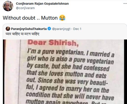 Mutton or Me: Vegetarian husband asks wife to choose