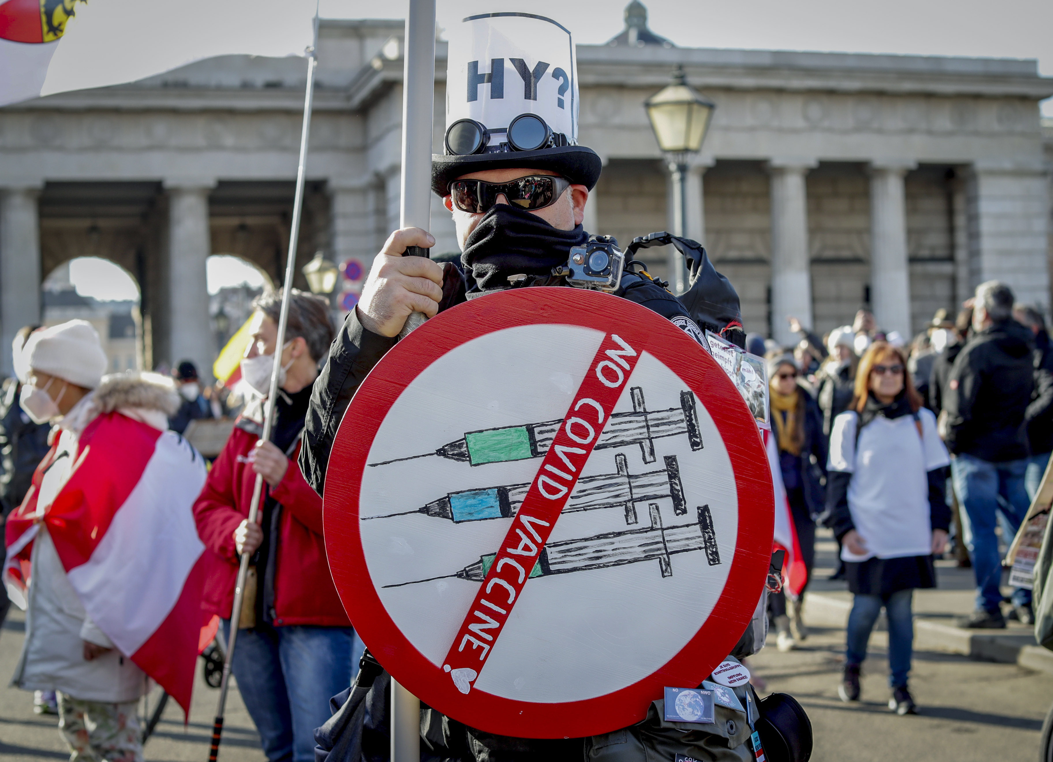 One person protests against the vaccine be mandatory in Vienna, Austria