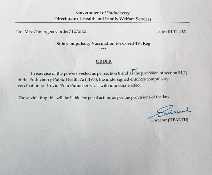 COVID19 vaccination compulsory in puducherry  puducherry health director circular on covid vaccine  penal action against people not taking covid vaccine  പുതുച്ചേരിയിൽ കൊവിഡ് വാക്‌സിൻ നിർബന്ധമാക്കി  കൊവിഡ് വാക്‌സിൻ സംബന്ധിച്ച് പുതുച്ചേരി ആരോഗ്യ ഡയറക്‌ടറുടെ സർക്കുലർ  പുതുച്ചേരിയിൽ വാക്‌സിൻ എടുക്കാത്തവർക്കെതിരെ നിയമ നടപടി