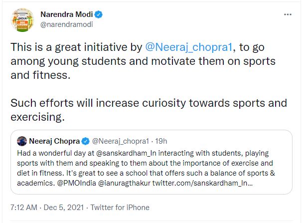 PM lauds Neeraj Chopra
