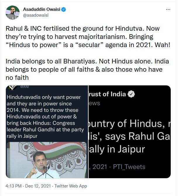 owaisi hits back rahul on hindutva